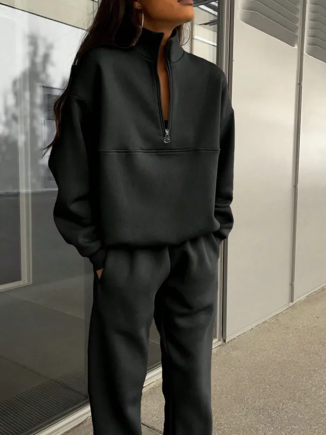 Long sleeved Sports Sweatshirt Suit Fashion Stand up Collar Zip up Top And Elastic Band Trousers With Pocket Srping Fall Clothing For Women Black - Shop at LoveMi