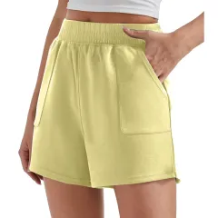 Cream Loose Waist Solid Color Sports Shorts - Mustard Yellow - View 1