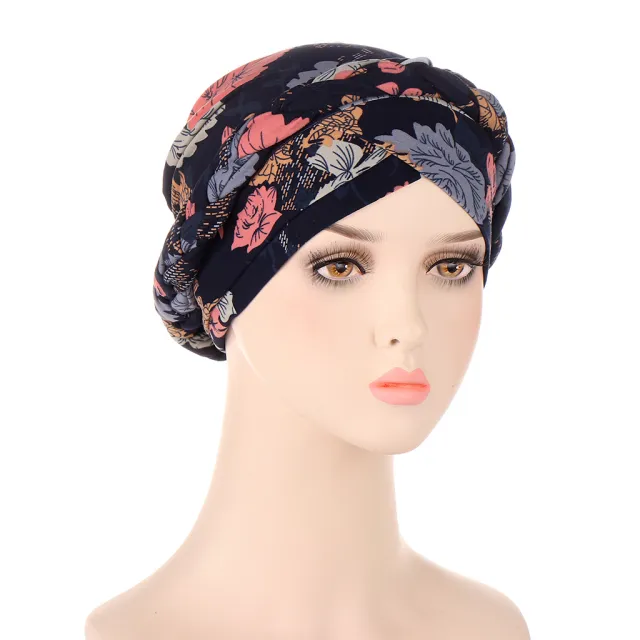 Tie dyed Short Braid Can Hide Hair Turban Hat Navy Blue Pink Flower - Shop at LoveMi