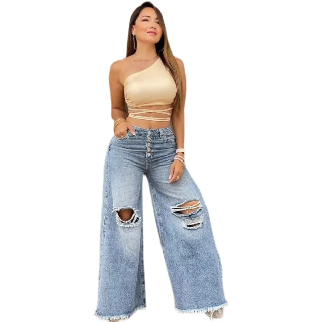 Light Color And Water Scrubbing New High Waist Retro Loose Hole Wide Leg Pants For Women Light - Shop at LoveMi