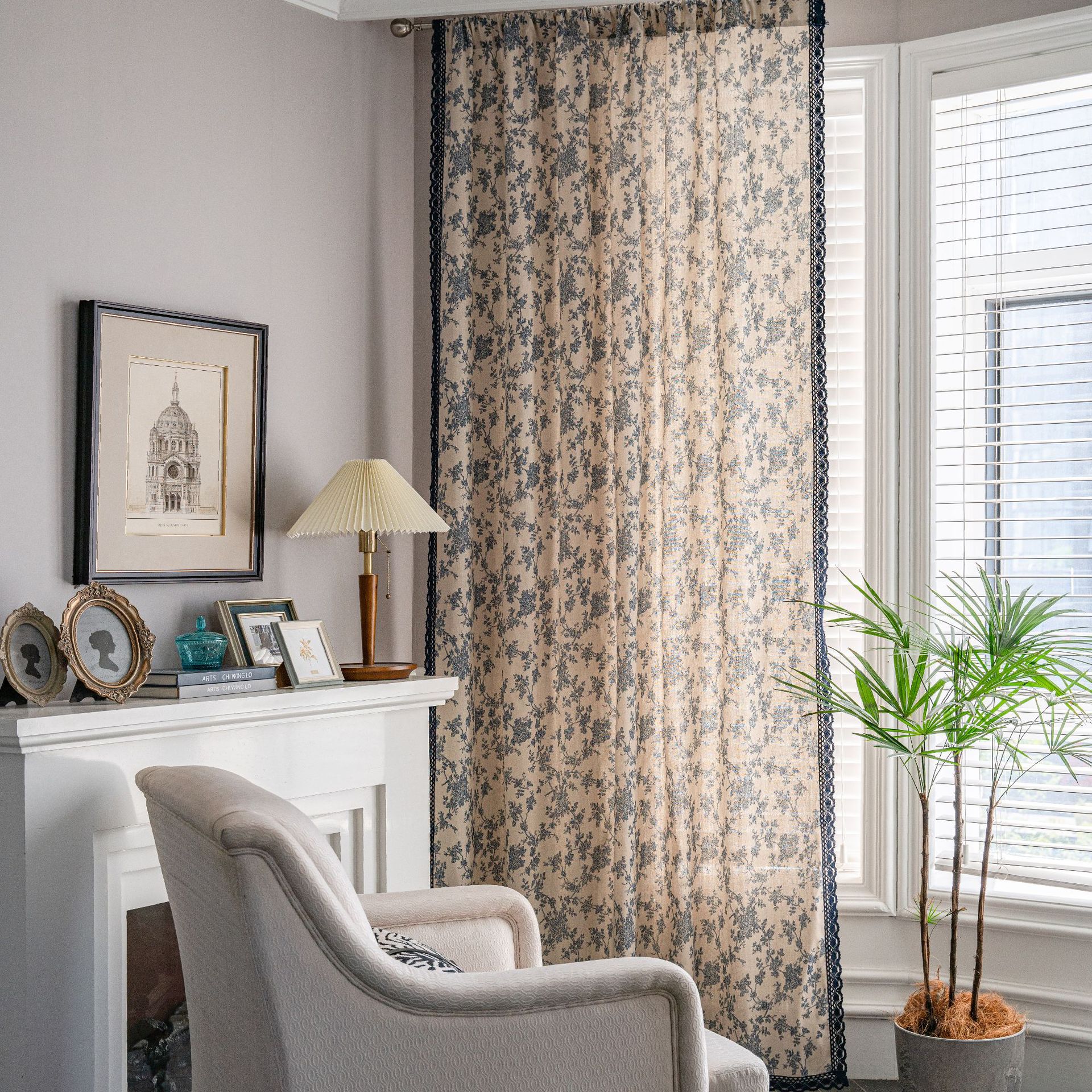 Cotton-linen American-style Blue Rose Floral Print Bay Window Semi-blackout Curtain
