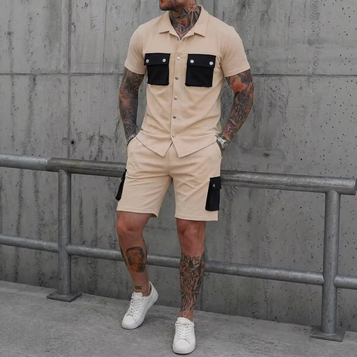 Mens Patchwork Multi-Pocket Sport Suit