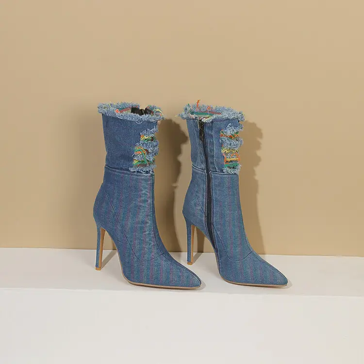 Wind Denim Blue Raw-edge Distressed Side-zip Stiletto-heeled