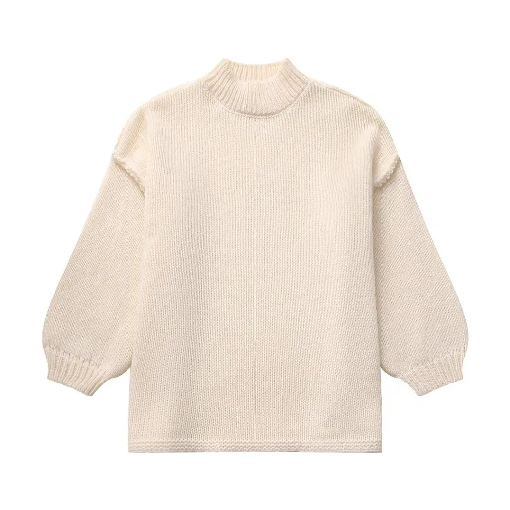Temperament Crew Neck Simple Style Thin Sweater - Cream