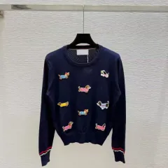 Autumn And Summer New Round-neck Pullover Dog Embroidery Knitted Sweater Long Sleeve - Navy Blue - View 1