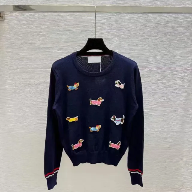 Autumn And Summer New Round neck Pullover Dog Embroidery Knitted Sweater Long Sleeve Navy Blue - Shop at LoveMi