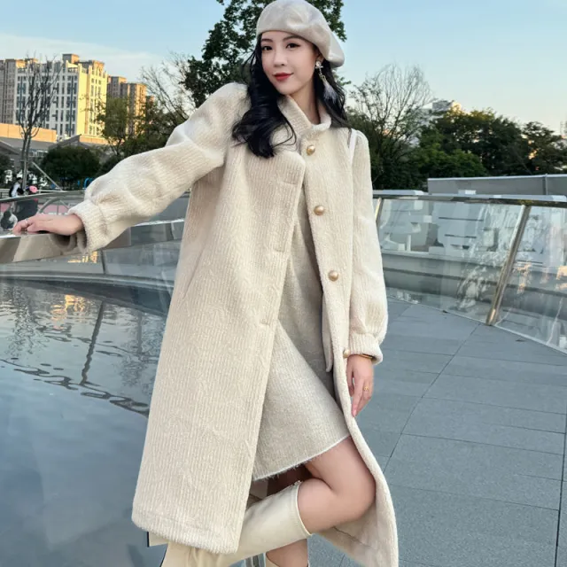 Thickened Long Section Stand Collar Faux Lamb Plush Fur Integrated Fur Environmental Protection Leather Women's Coat Beige - Shop at LoveMi