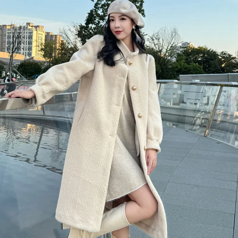 Thickened Long Section Stand Collar Faux Lamb Plush Fur Integrated Fur Environmental Protection Leather Women's Coat - Beige