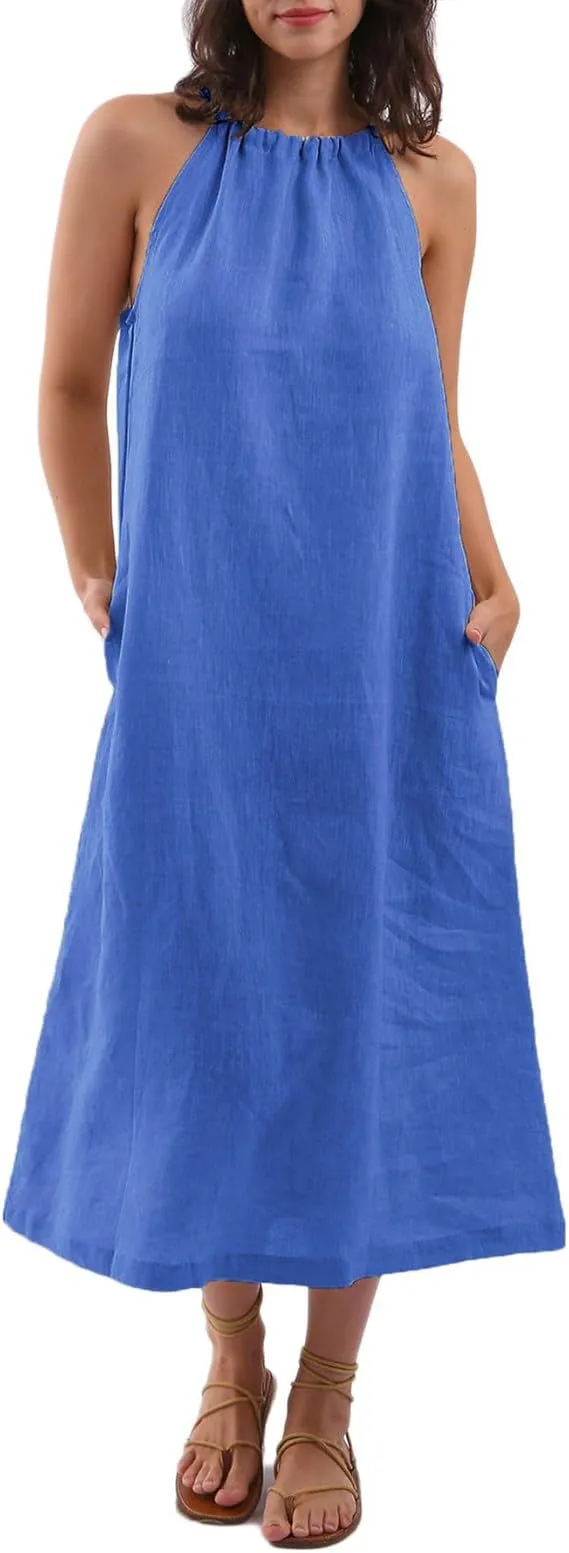 Fashion Solid Color Vest Cotton Linen Dress Women Sapphire Blue - Shop at LoveMi