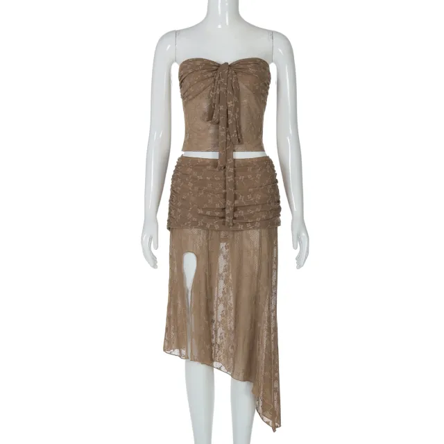 Nylon Lace Bandeau Irregular Mid length Wrap Skirt Coffee Brown - Shop at LoveMi