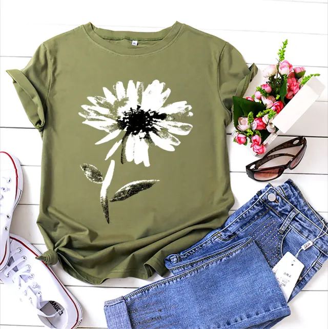Women's Floral Printed Cotton Short sleeved T shirt Top Army Green - Shop at LoveMi