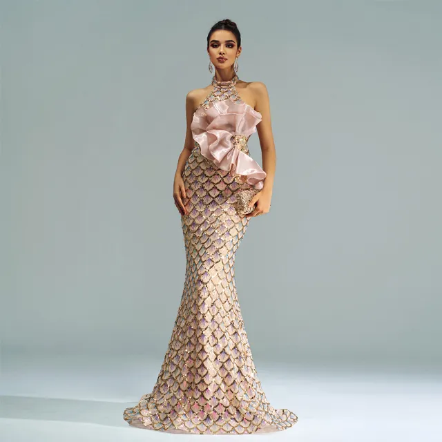 Halter Sequined Mermaid Evening Dress Champagne - Shop at LoveMi