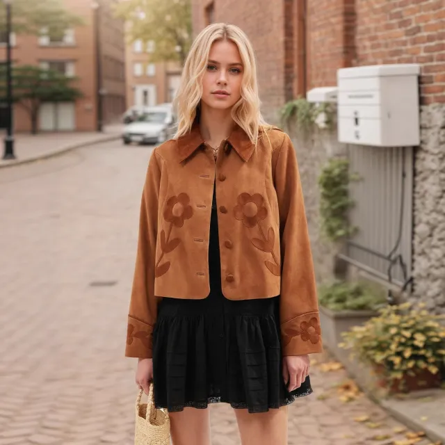 Elegant Vintage Suede Flower Short Coat Brown - Shop at LoveMi