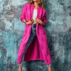Spring And Autumn Clothing Drum Wave Solid Colour Cardigan Long Sweater Coat - Rose - View 1