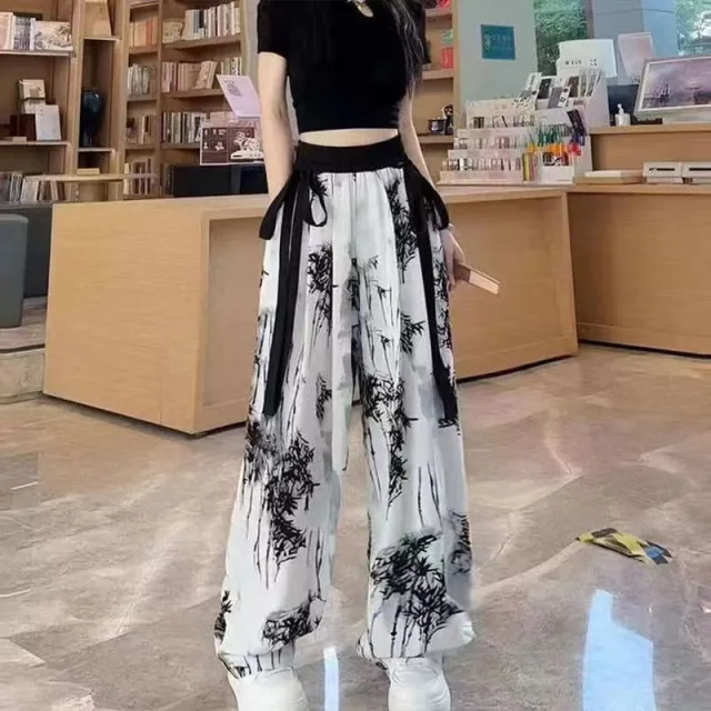 Chinese style Pants Ribbon Wide leg Pants 903 White Ink Painting - Shop at LoveMi