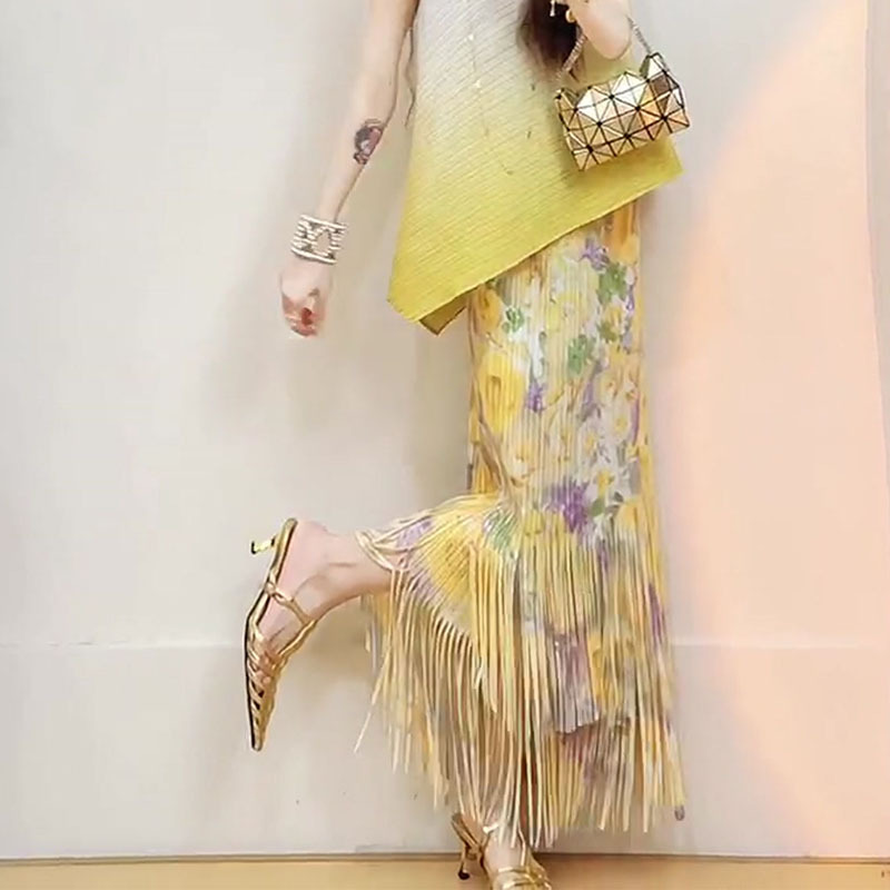 Tea Break Platycodon Grandiflorum Yellow-complete Set Of Sanzhai Beautiful Gradient Top Heavy Industry Tassel Skirt Pleated Suit