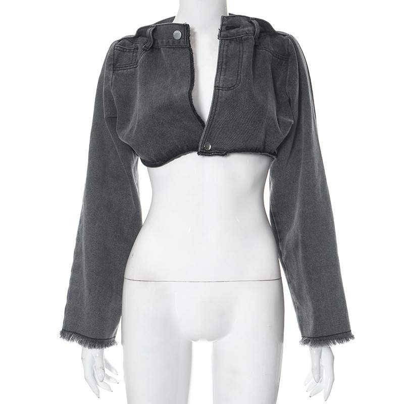 Women's Clothing Autumn New Solid Color Casual Long Sleeves Lapel Button Bare Midriff Slim Fit Denim Jacket Black - Shop at LoveMi