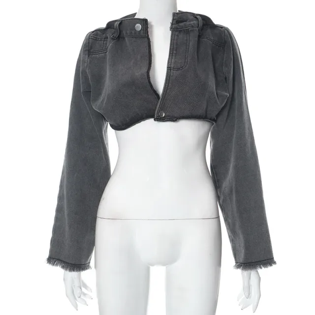 Women's Clothing Autumn New Solid Color Casual Long Sleeves Lapel Button Bare Midriff Slim Fit Denim Jacket Black - Shop at LoveMi