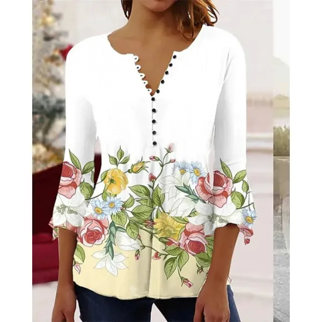 Women's 3d Digital Printing Button V neck Flared Sleeves T shirt 01Style - Shop at LoveMi