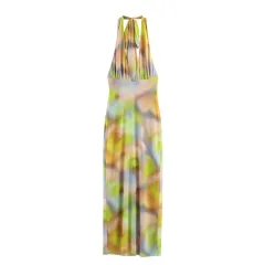 Ethnic Floral Print Silk Net Hanging Collar Dress - View 1
