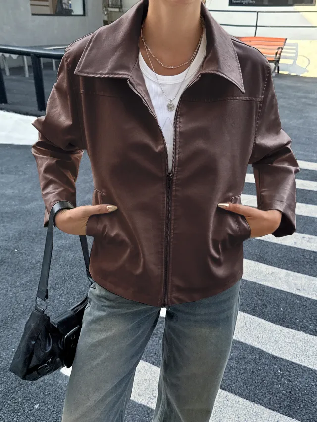 Long Sleeve Leather Coat Women's Clothing Brown - Shop at LoveMi