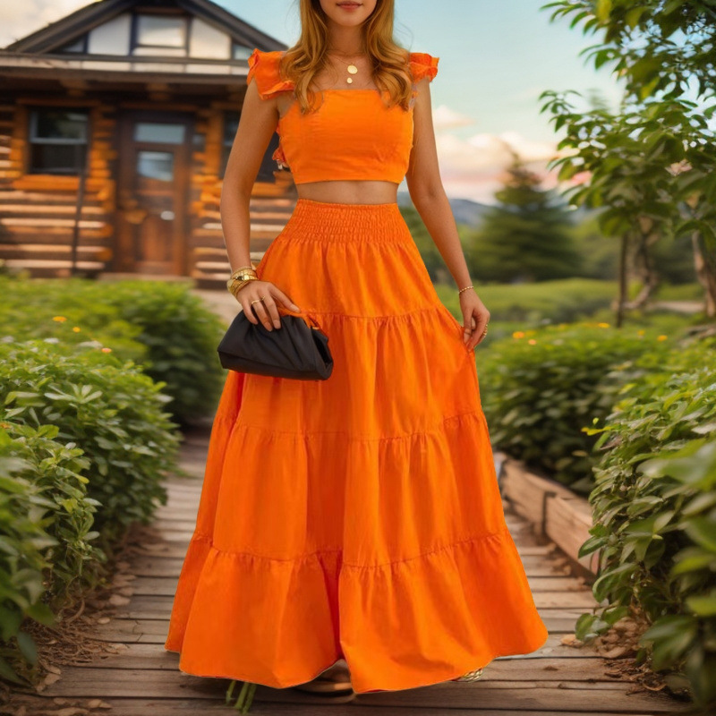 Chic Sexy Solid-color Mid-rise Slip Dress With A Flared Skirttwo-piece Set