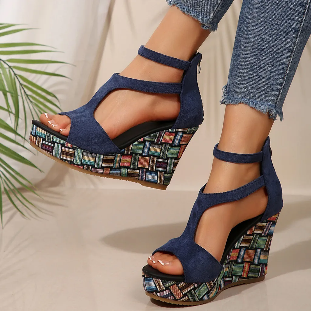 Women's Thick-soled Slope Ankle-strap Buckle Hemp-soled Sandals - Blue