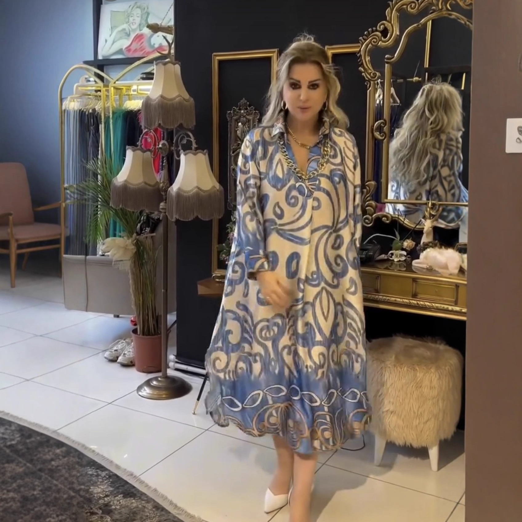 Women's Ruffled Long-sleeve Printed Dress