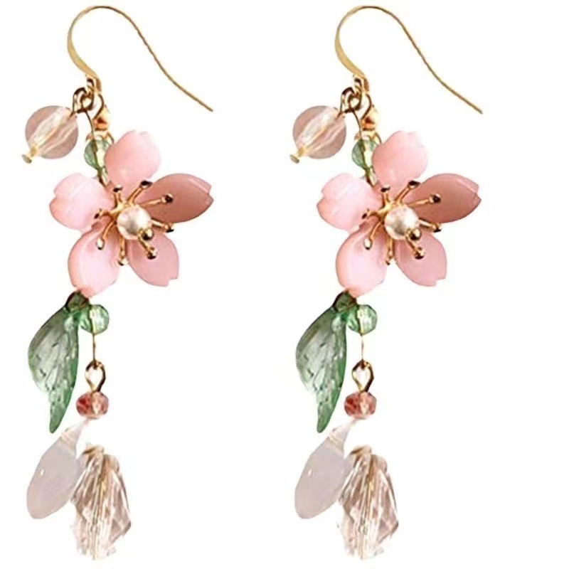 Classic Chinese-Style Peach Blossom Tassel Long Earrings