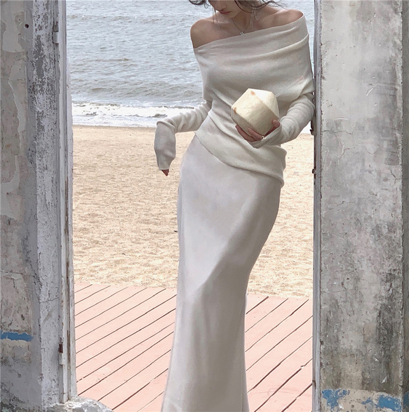 Autumn And Winter French Retro Cashmere Off-shoulder Irregular Top Two-piece Set