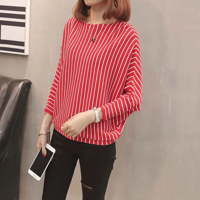 Korean style Striped Batwing Sleeve Sweater Red - Shop at LoveMi