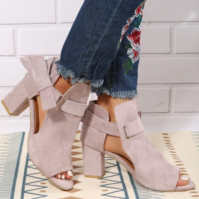Foreign Trade Buckle Bow Chunky Heel High Heel Sandals Gray - Shop at LoveMi