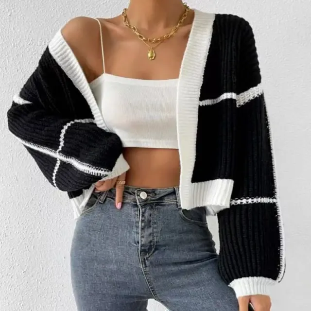 Cardigan Color Contrast Patchwork Striped Loose Sweater Black - Shop at LoveMi