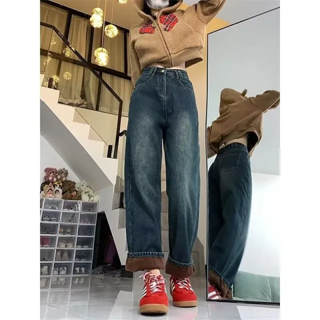 Fleece lined Thick Jeans Female High Waist Straight Pants Dark Blue With Velvet - Shop at LoveMi