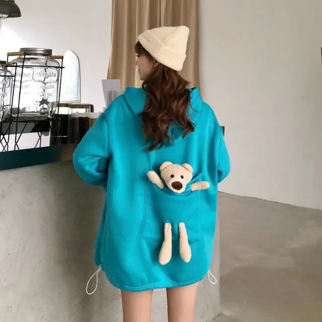 Fleece lined Thick Loose Mid length Bear Long sleeved Sweater Green - Shop at LoveMi