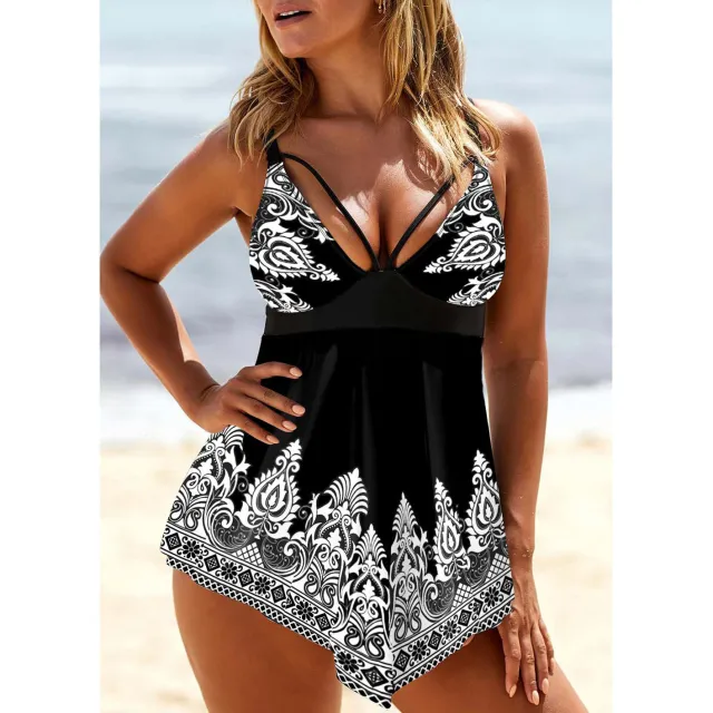Women's Printed Strap Deep V Plus Size Skirt Swimsuit Black - Shop at LoveMi