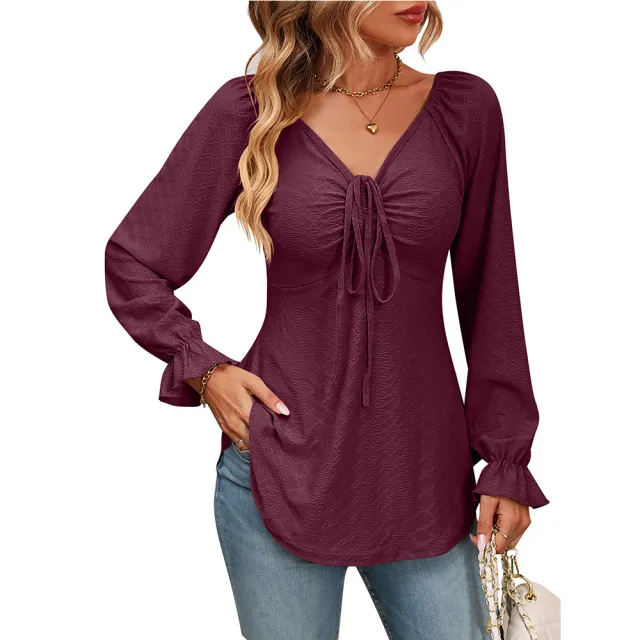 New European And American V neck Drawstring Waist Sexy Long Sleeve Solid Color T shirt Red - Shop at LoveMi