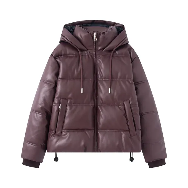 Thickened Warm Hooded Faux Leather Padded Cotton Coat For Women Red - Shop at LoveMi