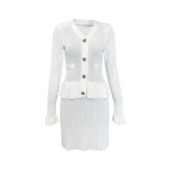 Niche Temperament V-neck Hollow Waist Trimming Knitted Midi Dress - White - View 1