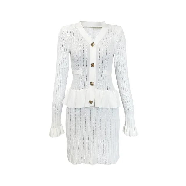 Niche Temperament V neck Hollow Waist Trimming Knitted Midi Dress White - Shop at LoveMi