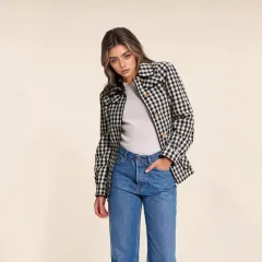 Fashion Women's Wear Plaid Button Long Sleeve Coat - Black And White Plaid - View 1