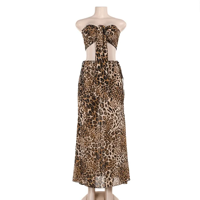Sexy Two piece Suit European And American Leopard Print Tube Top Mid length Dress Set Leopard - Shop at LoveMi