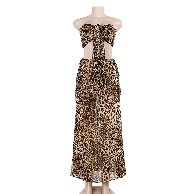 Sexy Two-piece Suit European And American Leopard Print Tube Top Mid-length Dress Set - Leopard