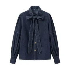 Washed Dark Blue Casual All-match Lace-up Bow Denim Shirt - 1815 Denim Blue Shirt - View 1