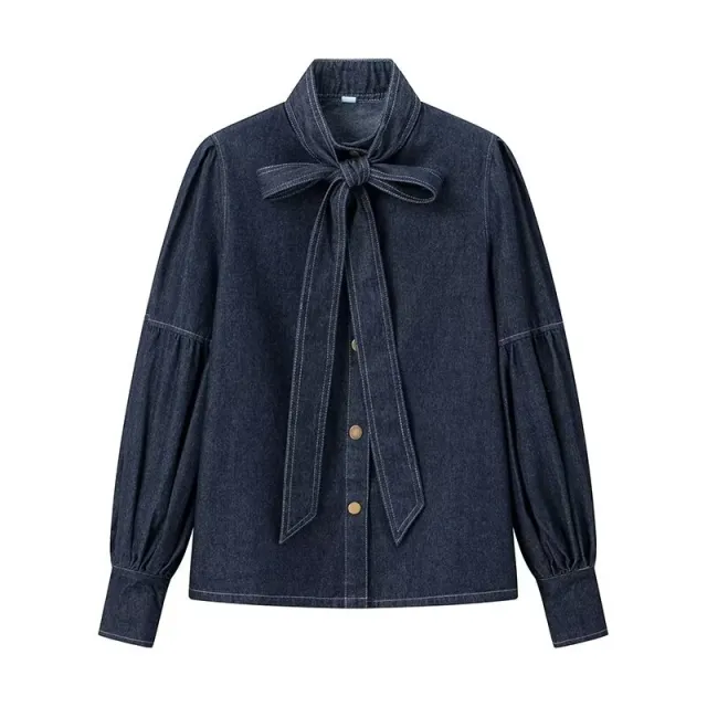Washed Dark Blue Casual All match Lace up Bow Denim Shirt 1815 Denim Blue Shirt - Shop at LoveMi