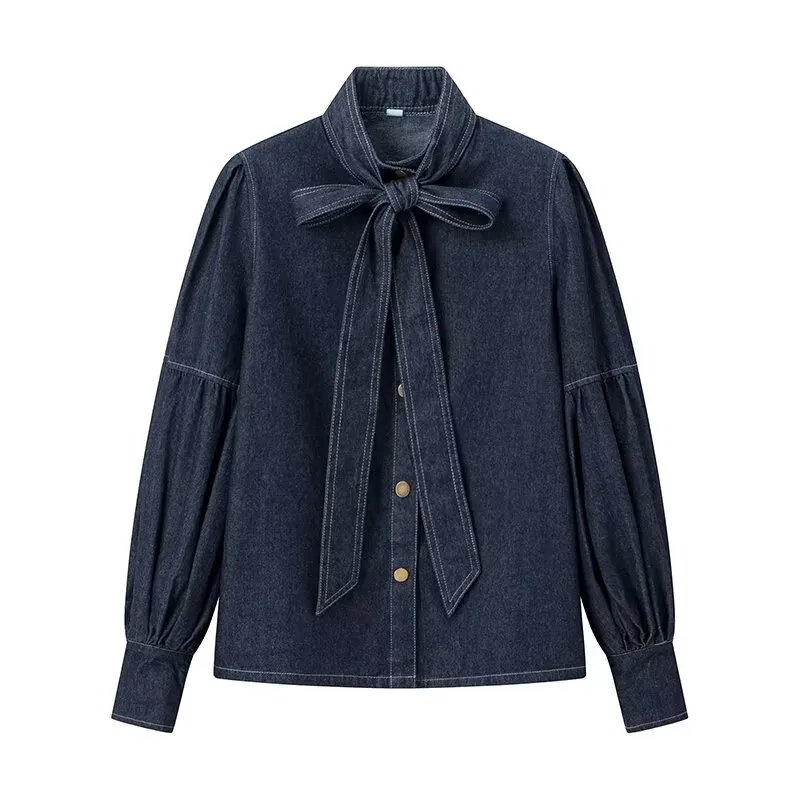 Washed Dark Blue Casual All-match Lace-up Bow Denim Shirt - 1815 Denim Blue Shirt