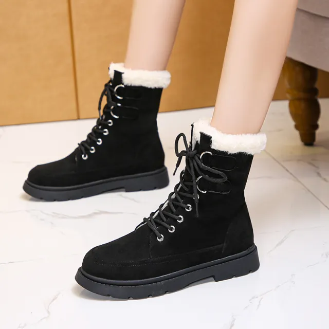 New Autumn And Winter Thick Warm Chunky Heel Platform Lace up Martin Boots Black - Shop at LoveMi