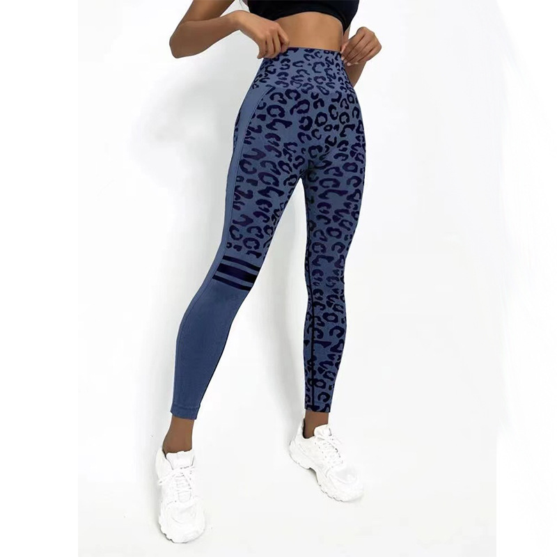 Chemical Fiber Blend Leopard Print Yoga High Waist Tights Fashion Sports Seamless Trousers Fitness Pants Dark Blue - Shop at LoveMi