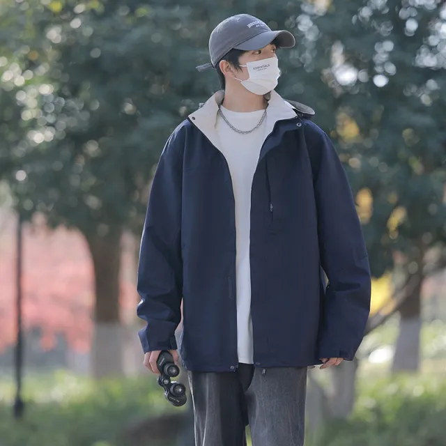 Leisure Sports Outdoor Couple Windproof Jacket Navy Blue Gray - Shop at LoveMi