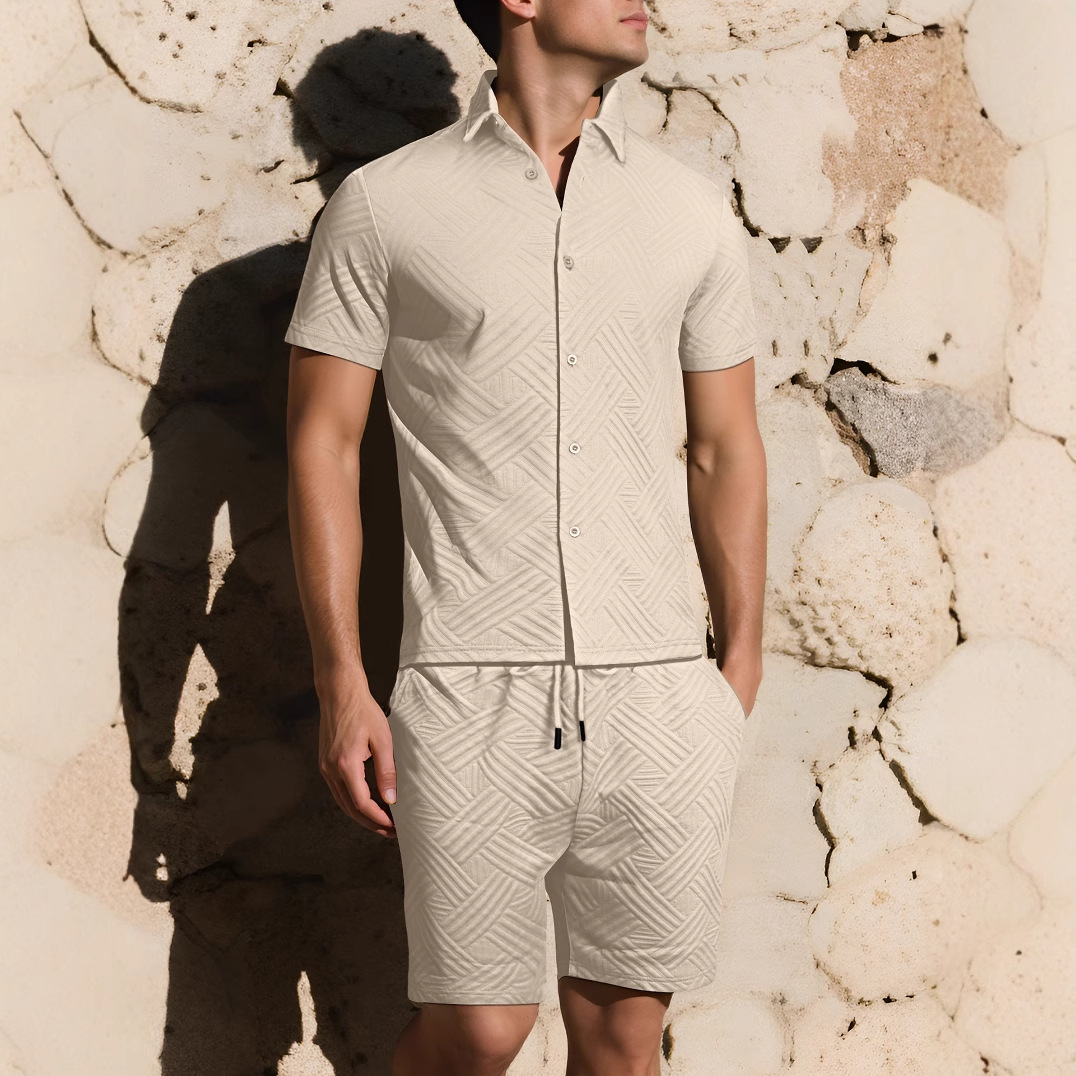 Mens Solid-Color Jacquard Shirt Casual Two-Piece Set